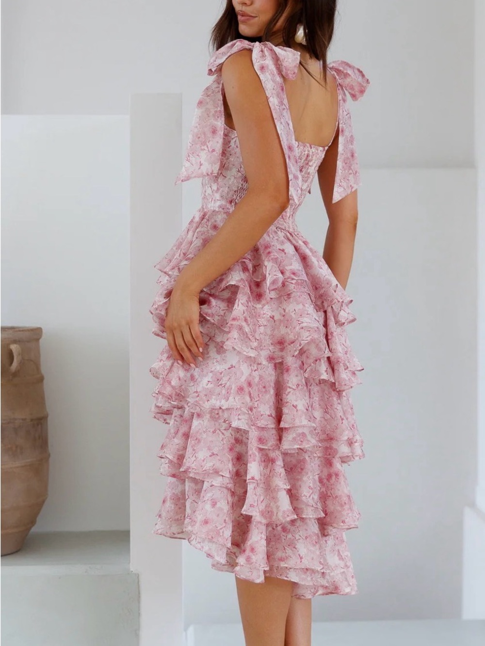 Tiered Pink Floral Midi Dress with Tie Shoulder Straps - Picture 3 of 6